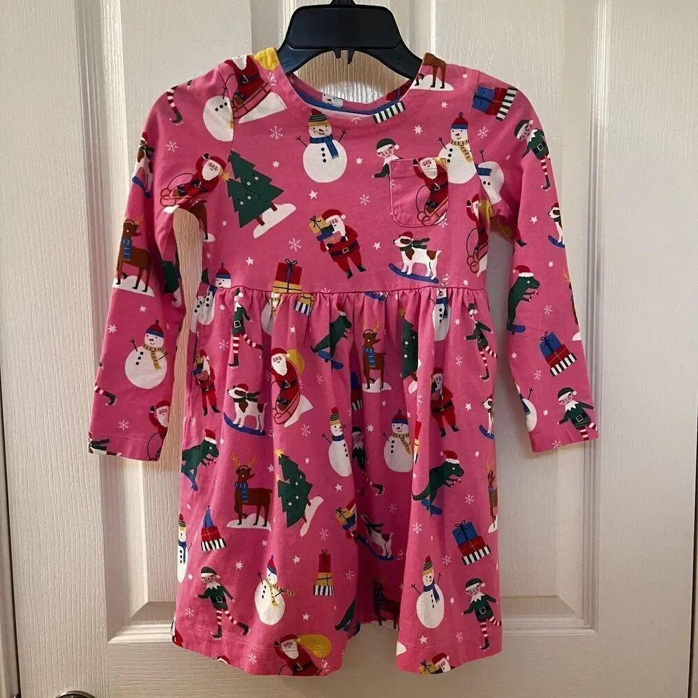 Mini Boden Festive Fun Pink Christmas Dress Dinosaurs Santa Pockets Girls SZ 5-6